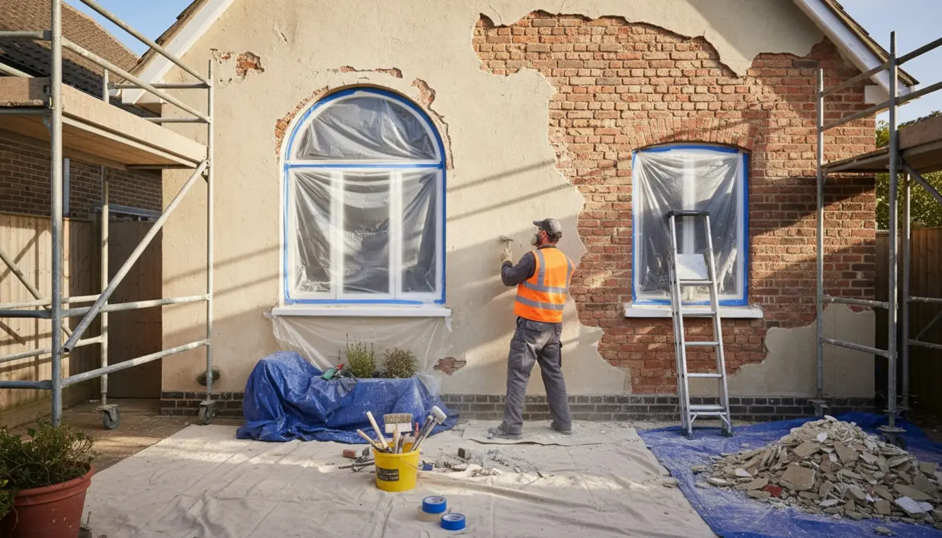Gavl under forberedelse til oppudsning med afdækning, stillads og en håndværker, der fjerner løst puds.