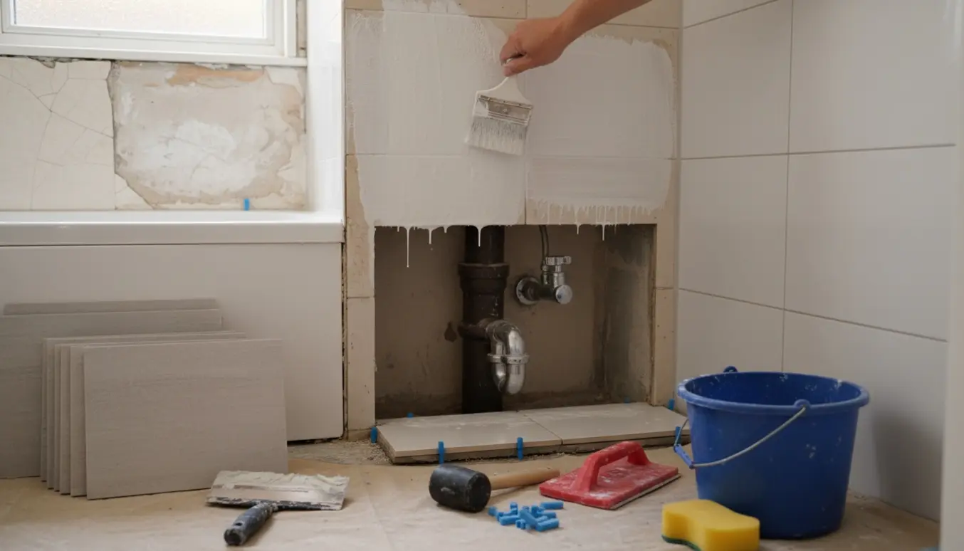 Hænder på et lille badeværelse på under 2 m², der påfører vådrumsmembran og forbereder væggen til nye fliser omkring faldstamme og vandlås.