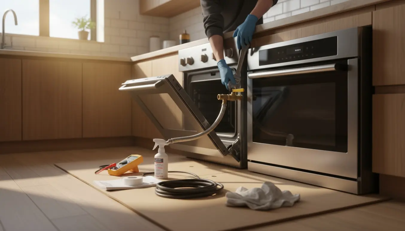 En VVS-tekniker i arbejdstøj afkobler et gammelt komfur og tilkobler et nyt ved gaskoblingen i et lyst køkken.