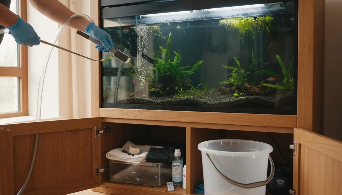 Indbygget akvarium under hovedrengøring med hænder i handsker, slange, spand og midlertidig beholder til fisk.