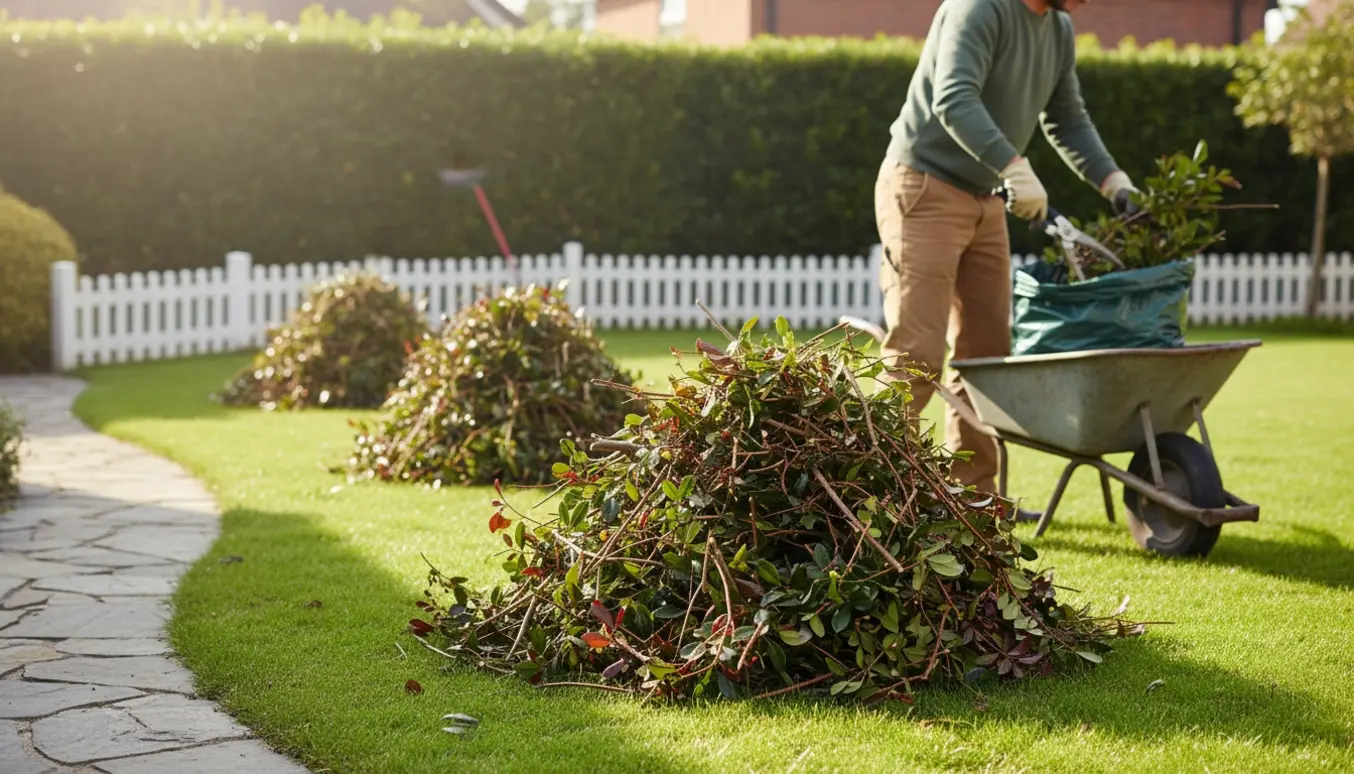 Afklippede grene fra hæk og buske i tre bunker i en baghave, klar til afhentning.