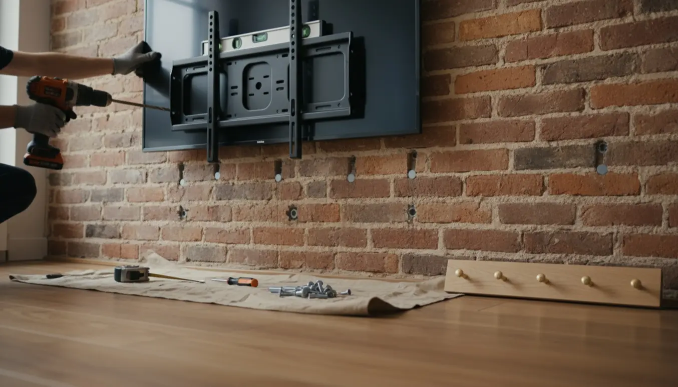 Nærbillede af ophæng af fladskærm på murstensvæg med værktøj og en knagerække klar til montering.