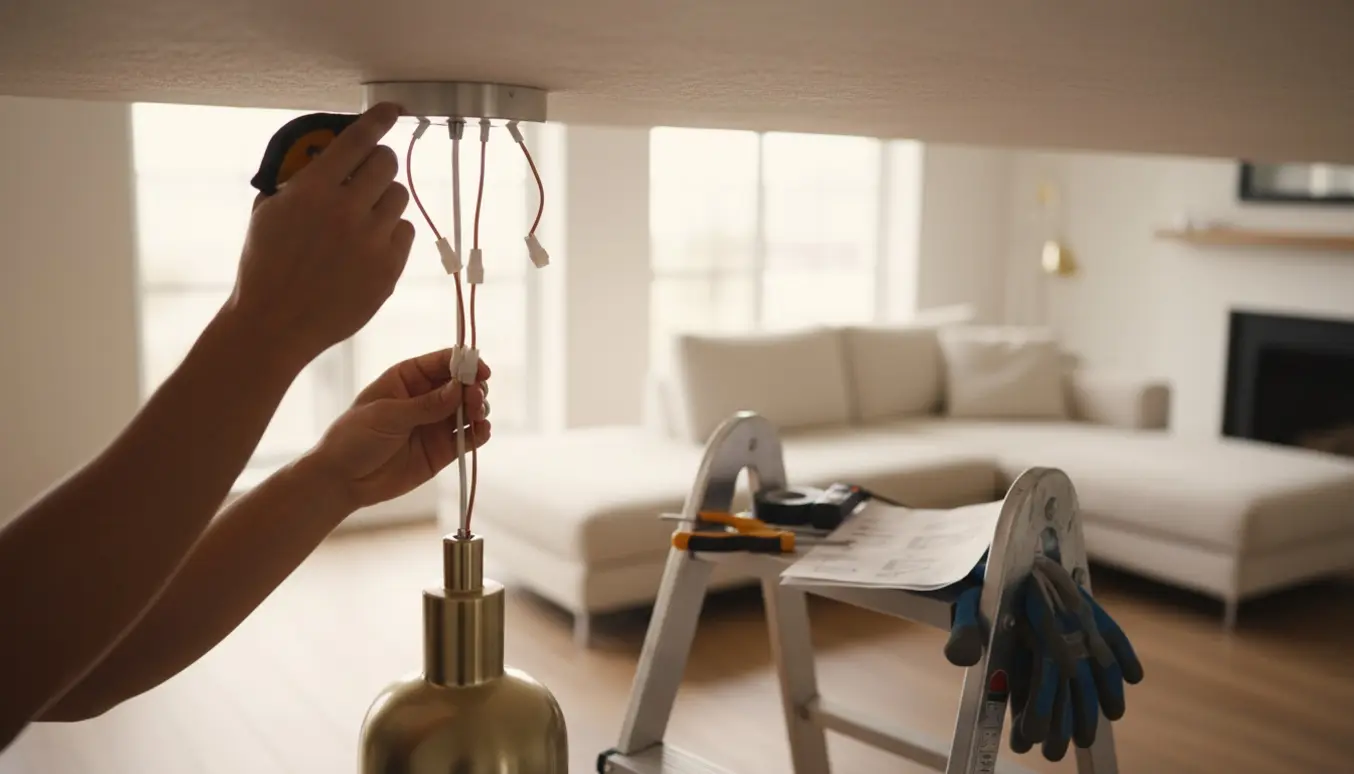 Nærbillede af hænder på en stige, der monterer en loftslampe i en lys, moderne stue med værktøj tæt på.