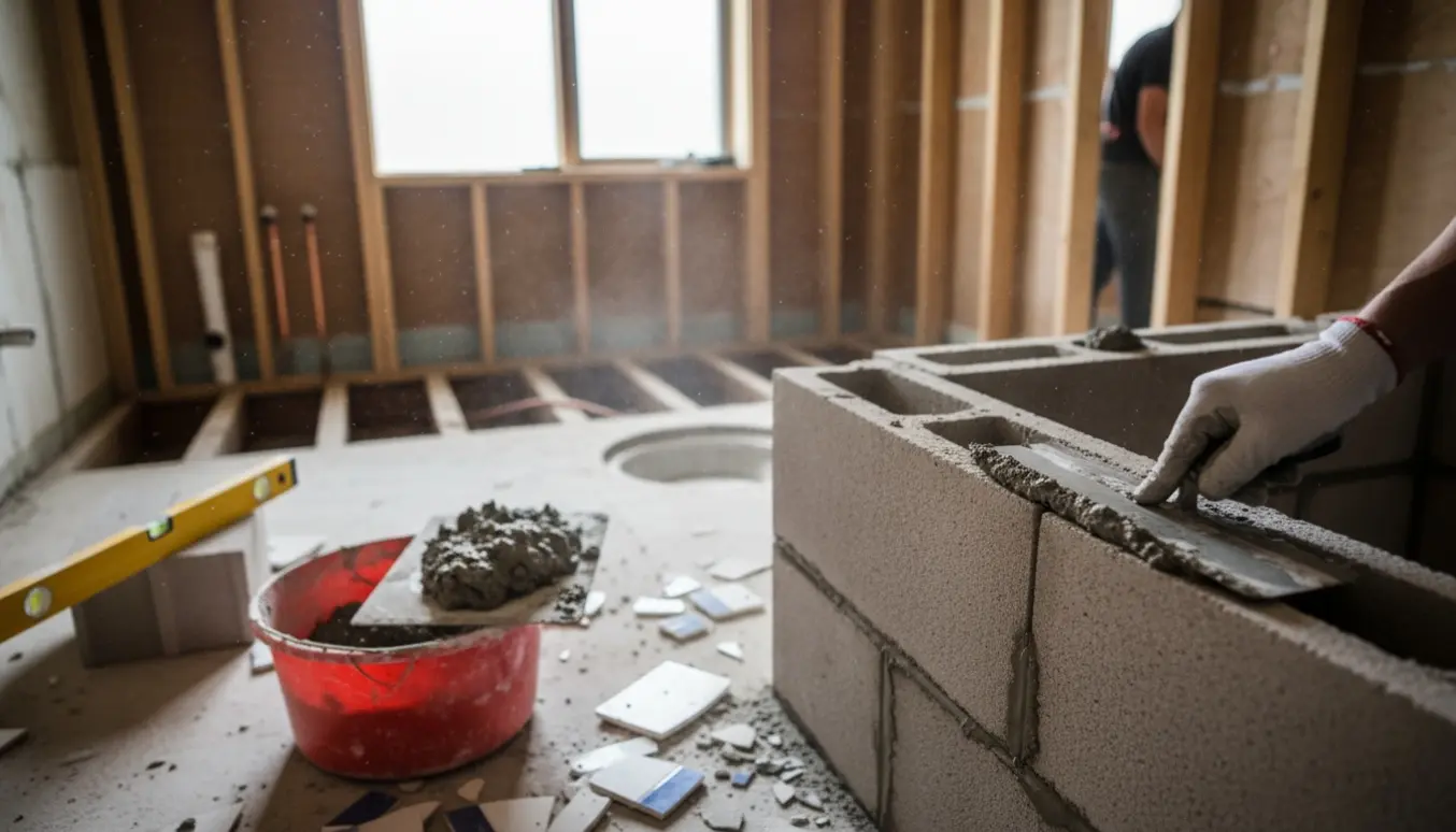 Delvist muret væg i et nedrevet badeværelse med våd mørtel og byggeværktøj.