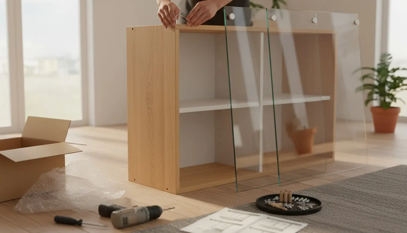 Delvist samlet glasvitrineskab på stuegulv med værktøj og hænder, uden synlige ansigter.