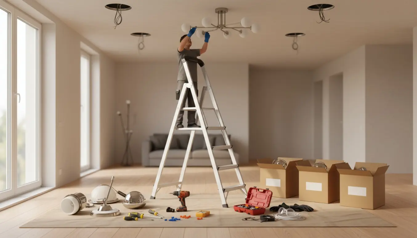 En tekniker monterer en ny loftlampe i en stue med værktøj og flere lamper klar på gulvet.