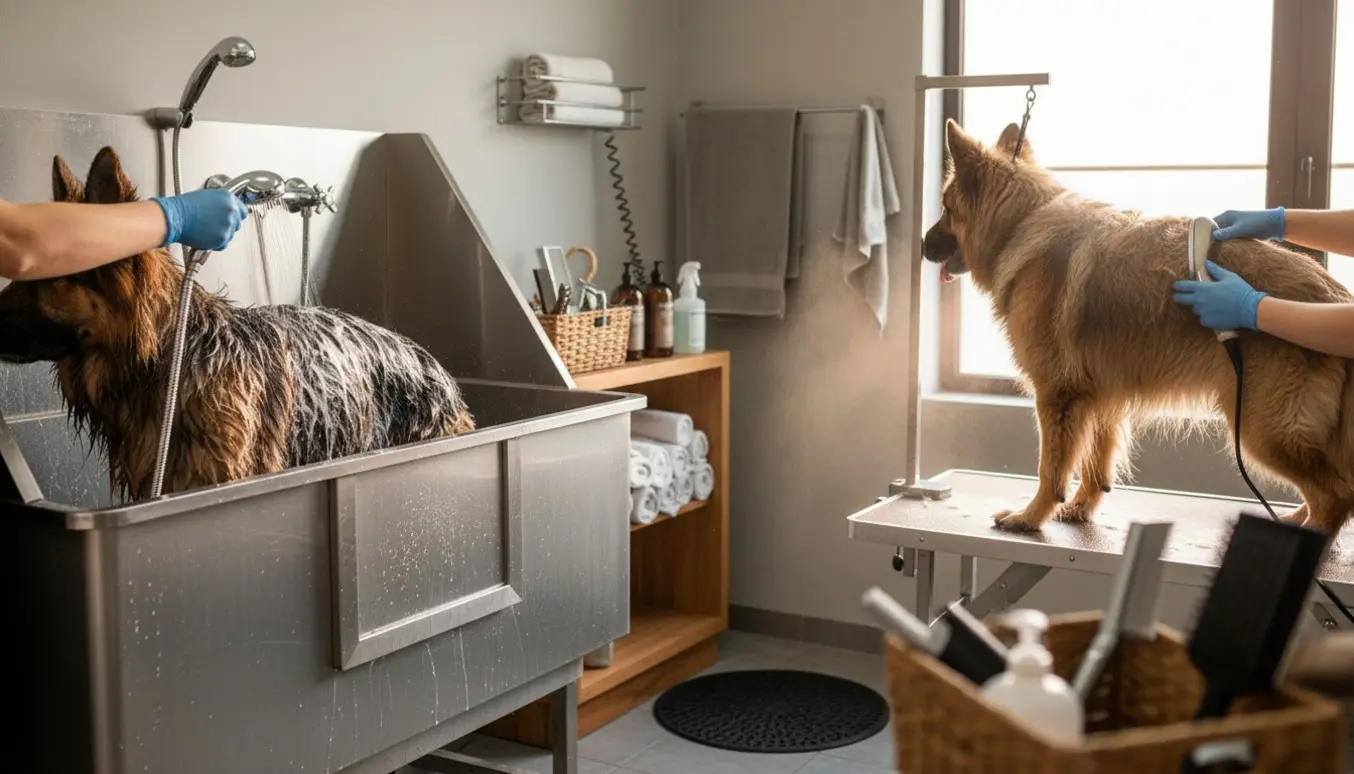 To voksne langhårede schæfere bliver vasket og tørret i et lyst, professionelt grooming-studie.