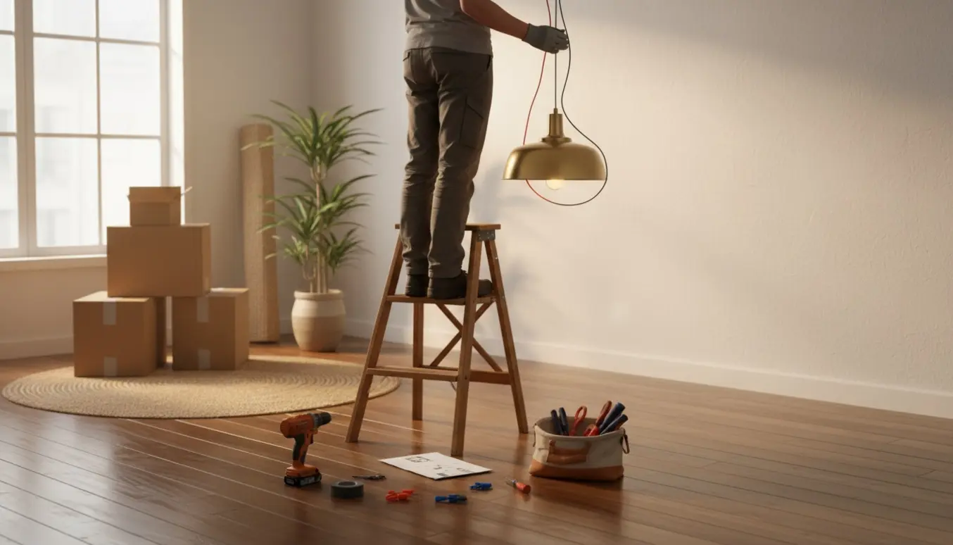 Person hænger en loftlampe op i en nyindflyttet stue med flyttekasser og værktøj omkring.