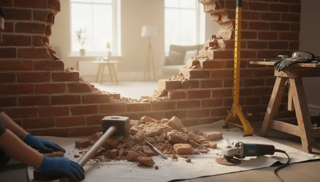 Delvis nedrevet muret væg mellem to rum med værktøj, støv og en stålstøtte.