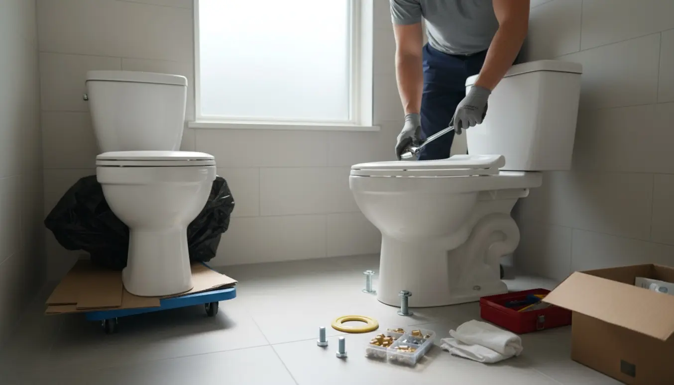 Håndværker installerer nyt toilet i et lyst badeværelse, mens det gamle toilet er klar til bortskaffelse.
