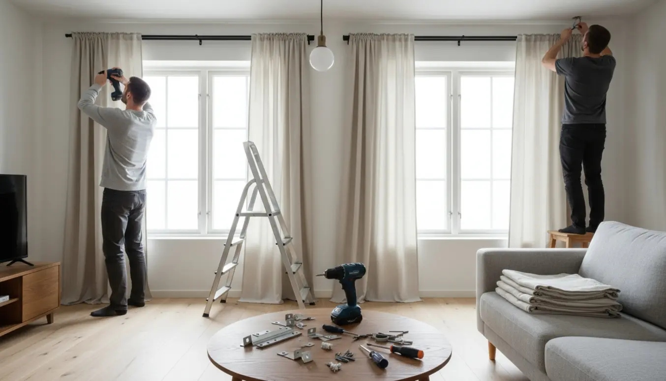 Hænder monterer dobbel gardinskinne ved to høje vinduer og en rund loftspendel i et lyst, skandinavisk rum.