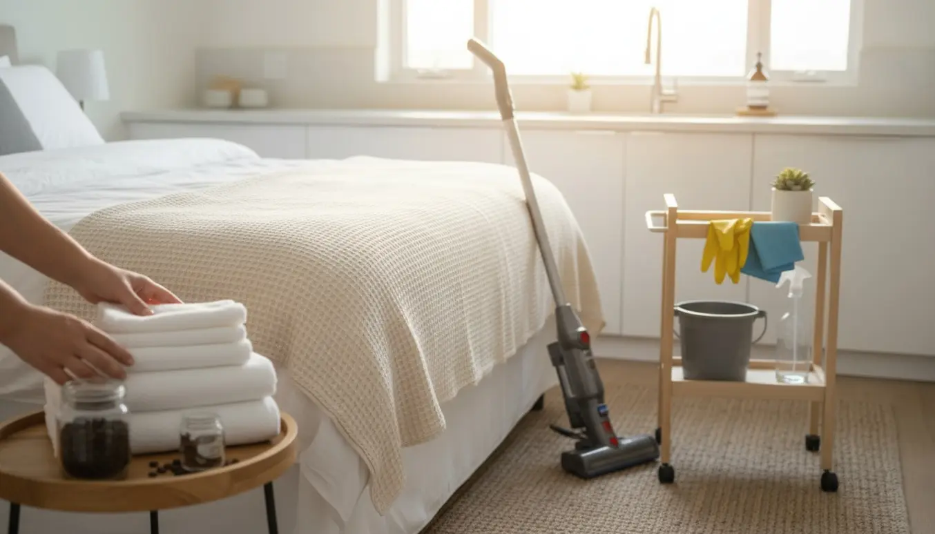 Hænder lægger friske, foldede håndklæder på en nyrendt Airbnb-seng i et lyst, indbydende værelse.