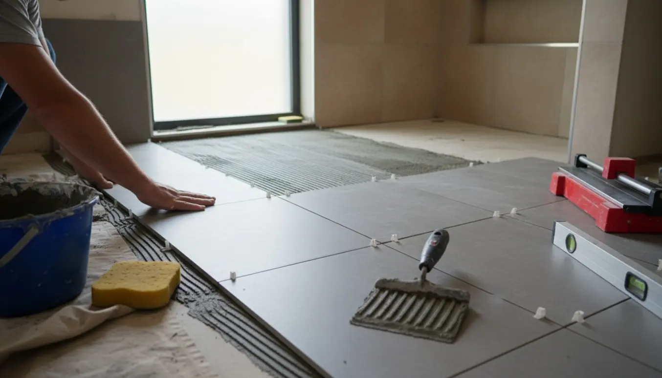 Hænder lægger fliser i et lyst badeværelse med flisekryds, mørtel og værktøj.