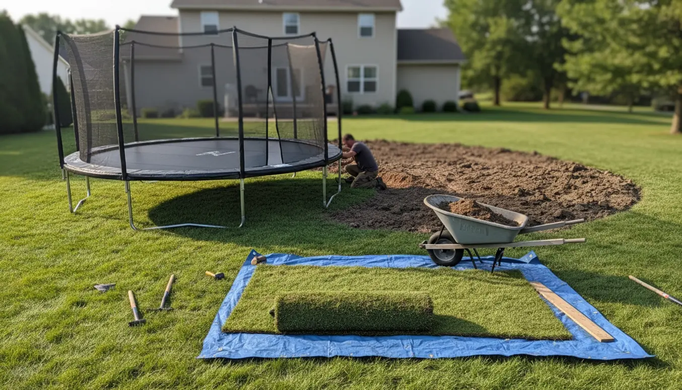 Delvist nedgravet trampolin i baghaven med værktøj, trillebør og bunker jord klar til bortkørsel.