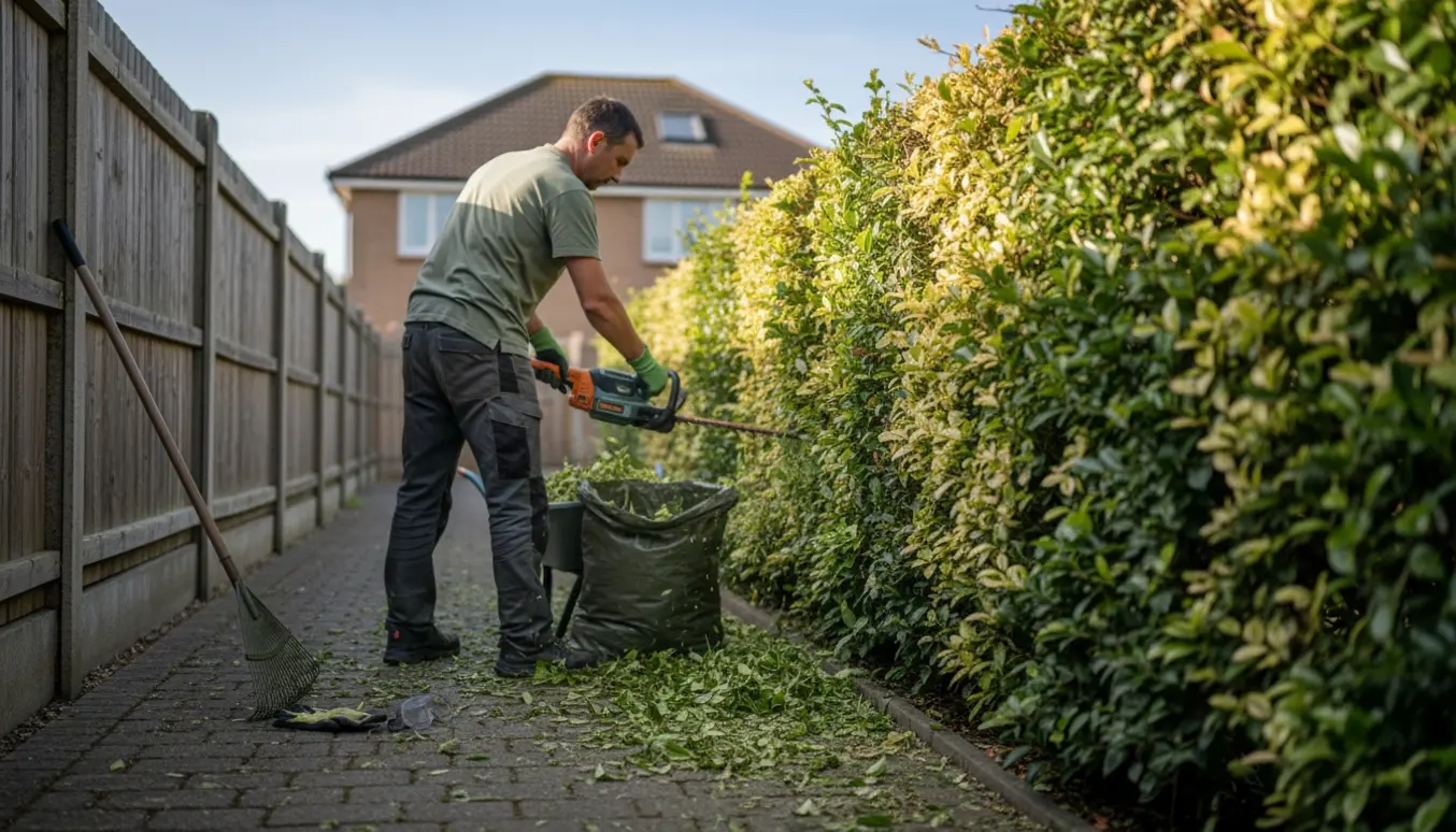 Person klipper indersiden af en lang hæk med en hækkeklipper, mens afklip samles i en havepose.
