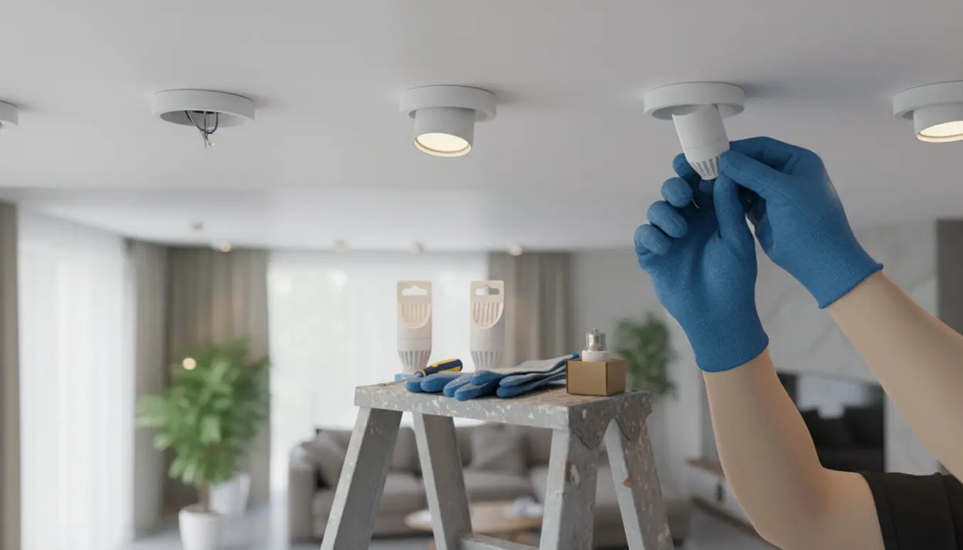En person på en lille stige skifter en LED-spotpære i et loft med fire spots.