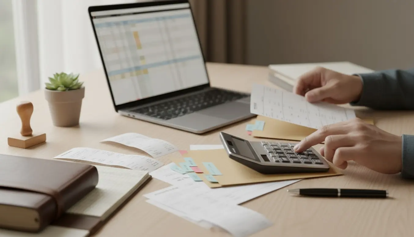 Nærbillede af hænder, der ordner bogføring og løn ved et ryddeligt skrivebord med laptop, kvitteringer og mapper.