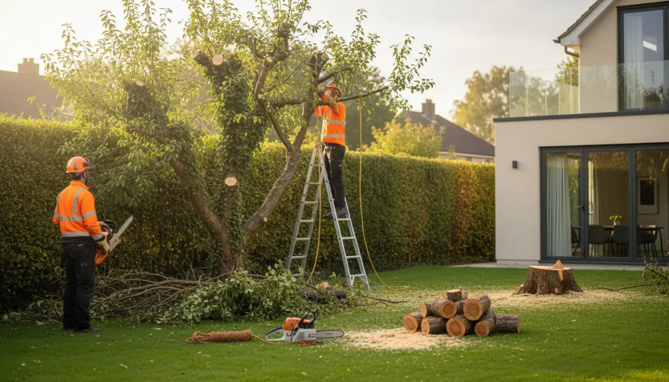 Fældning af et pæretræ ved en efeubeklædt hæk og afsavede stammer tæt på huset.