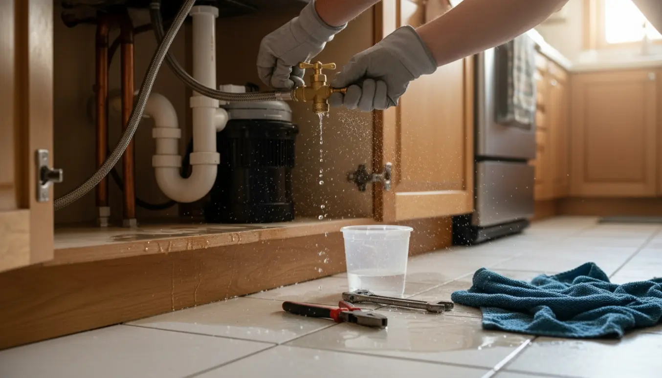 Hænder forsøger at afbryde opvaskemaskinens vandtilslutning under et køkkenskab med vand, spand og værktøj.