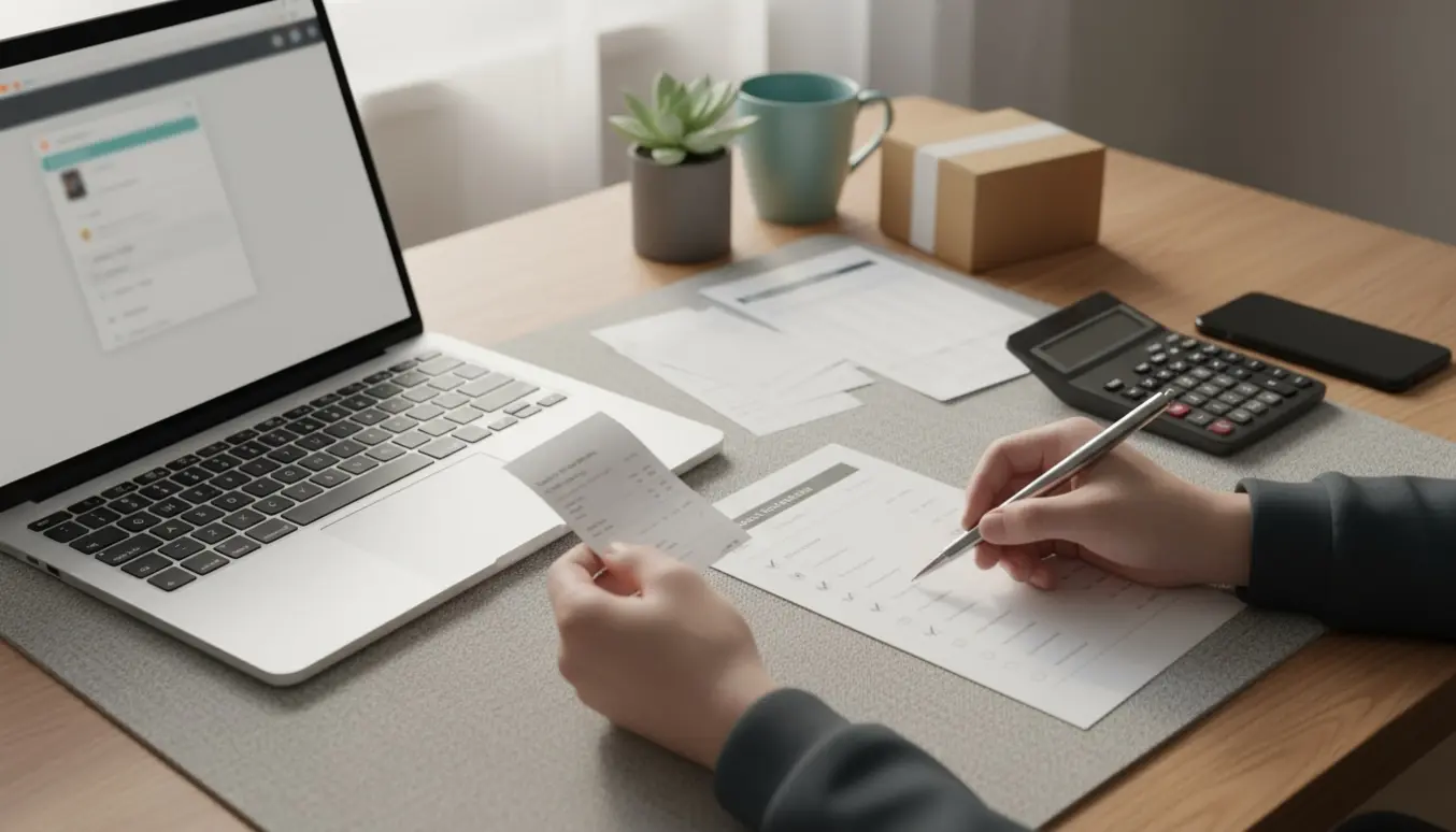 Hænder afstemmer få kvitteringer mod bankpapirer ved en bærbar i et lyst hjemmekontor.