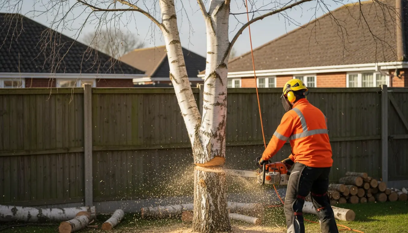 Håndværker fælder en høj birk tæt på skellet med savsmuld og afsavede stammer i forgrunden.