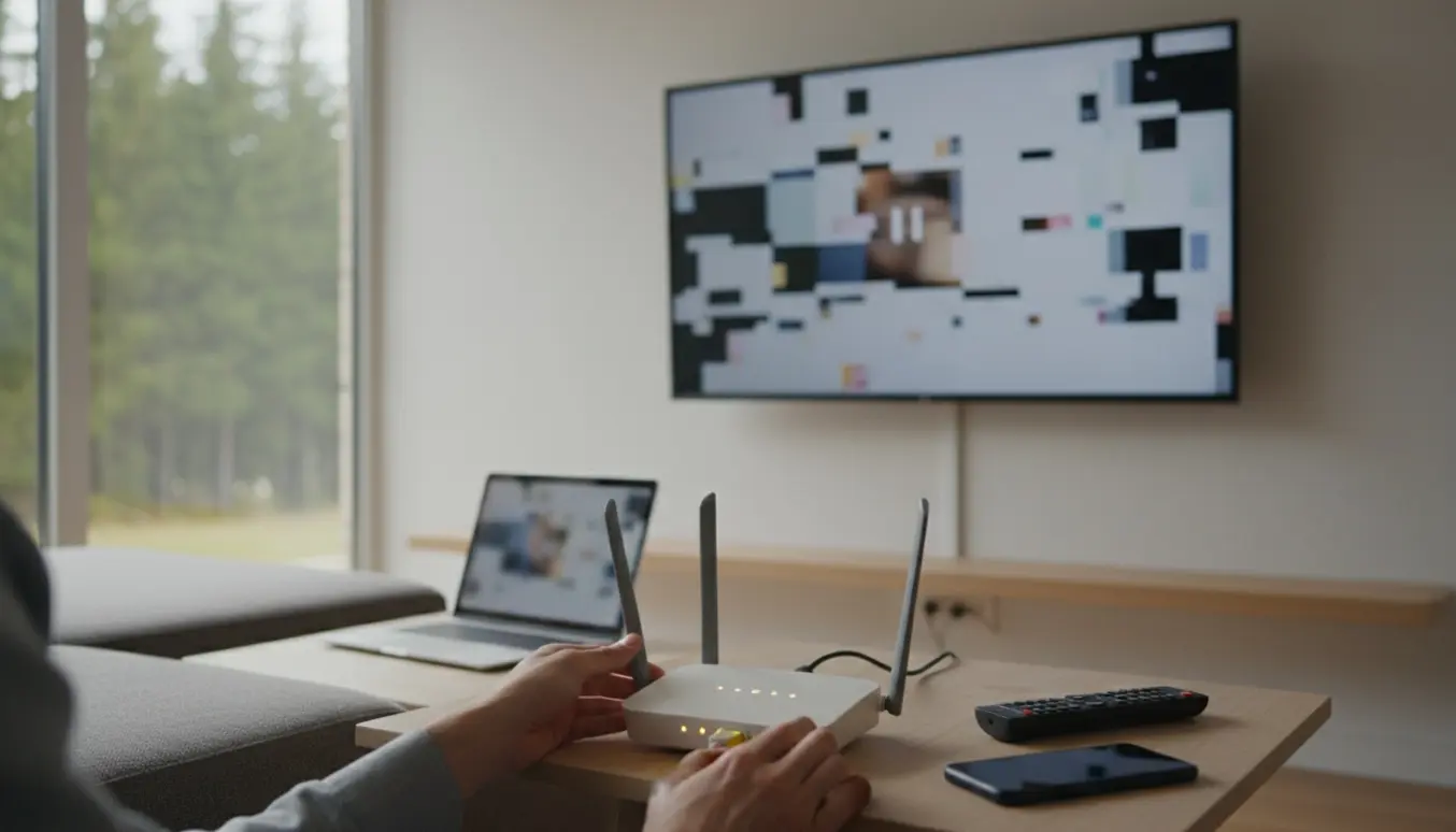 Smart-tv i stue med router og kabler, der viser pixelering og hakken på skærmen.