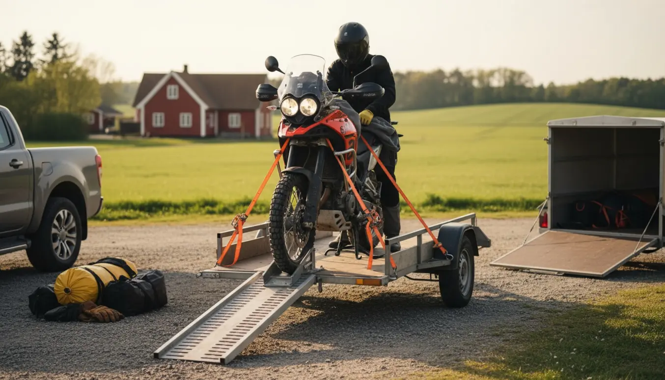 Aprilia Tuareg 660 lastes på trailer med rampe og stropper i dansk landskab.