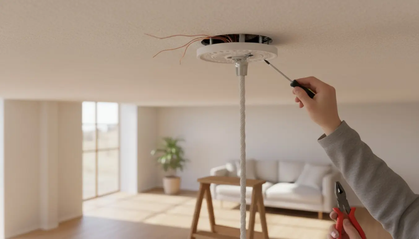 Hænder monterer en dekorativ loftroset og tilslutter en lampe på en stige i et lyst rum.