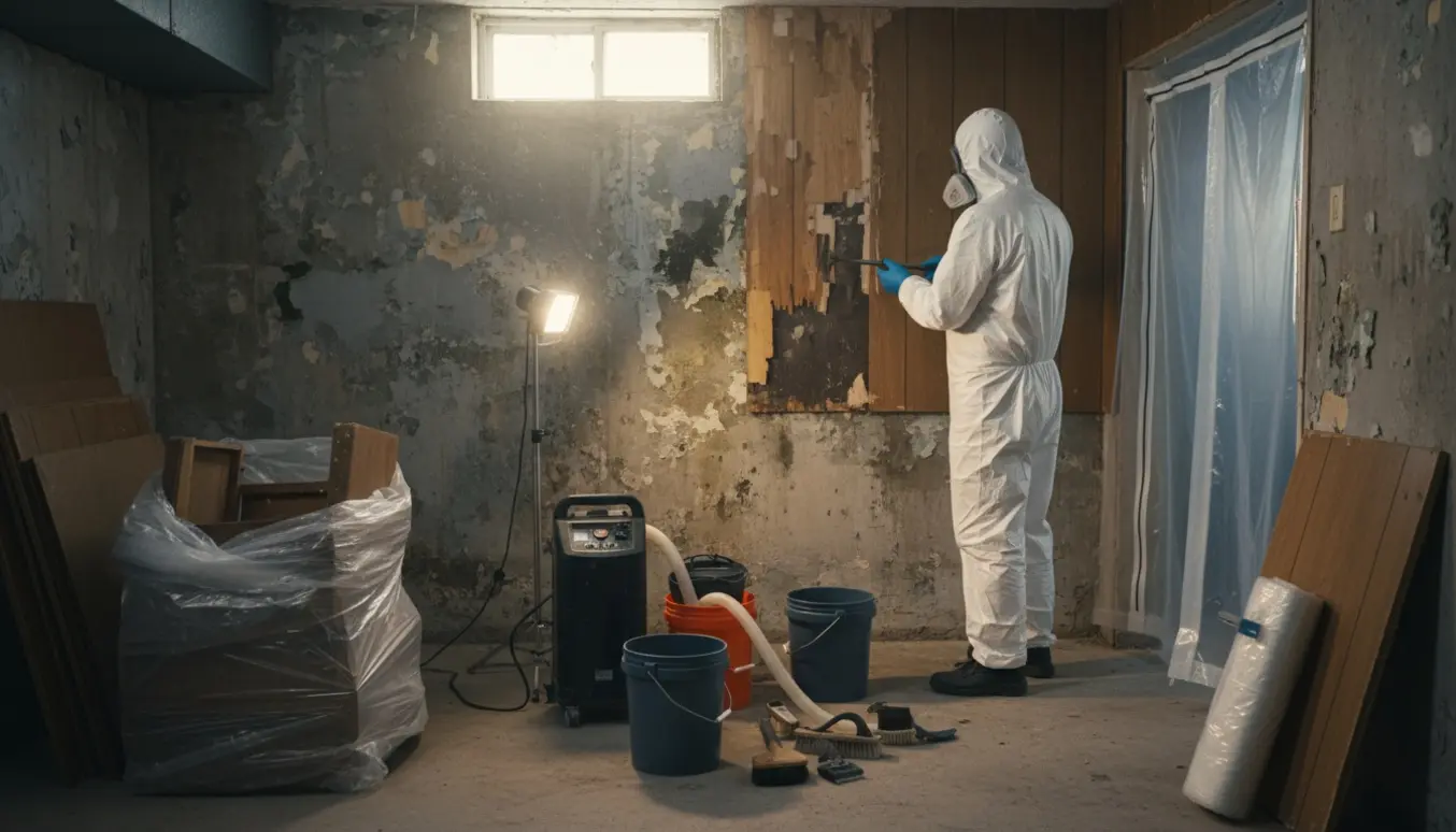 Arbejder i beskyttelsesdragt fjerner træbeklædning og skimmel i en lille kælder med afmonteret inventar og rengøringsudstyr.