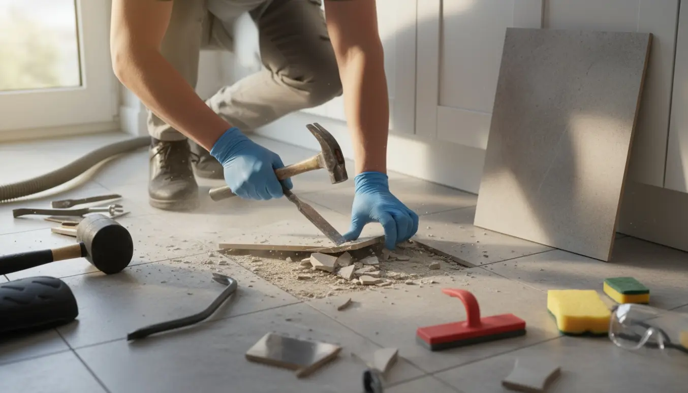 Nærbillede af udskiftning af en beskadiget 60x60 cm køkkenflise med mejsel og hammer, ny flise ligger klar.