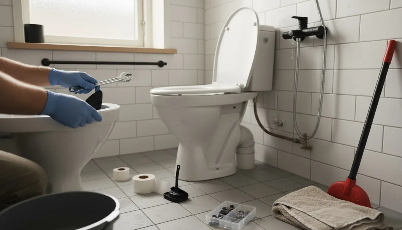 Hænder reparerer et stoppet toilet og en dryppende bruser i et lyst badeværelse med værktøj og reservedele.