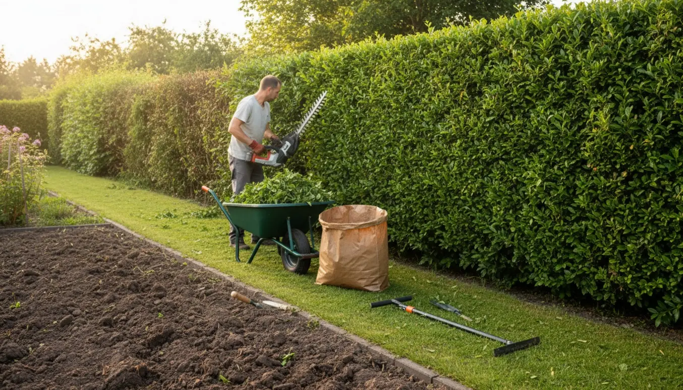Lang ligusterhæk bliver klippet, afklip i trillebør og små havebede kultiveres.