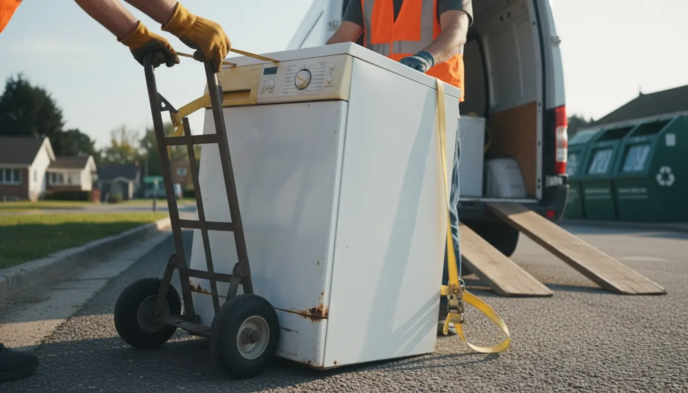 En gammel vaskemaskine læsses på en varevogn med en flyttekærre og stropper ved fortovet klar til genbrug.
