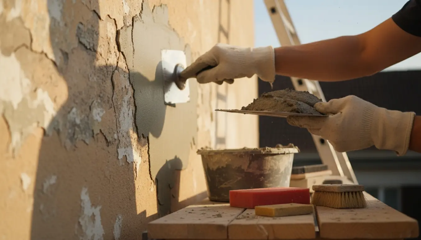 Nærbillede af hænder, der reparerer en pudset yderfacade med spartel og frisk puds.