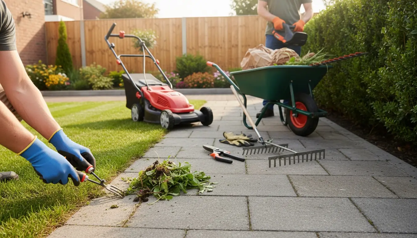 Havemand trækker ukrudt mellem fliser, med nyslået græs, nyklippede hække og en trillebør fyldt med haveaffald.