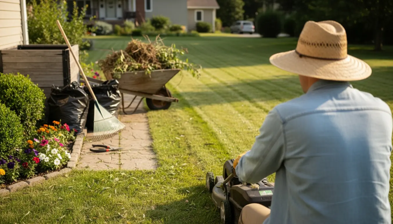 En person slår græs i en solbeskinnet have med haveredskaber og fyldte affaldsposer.