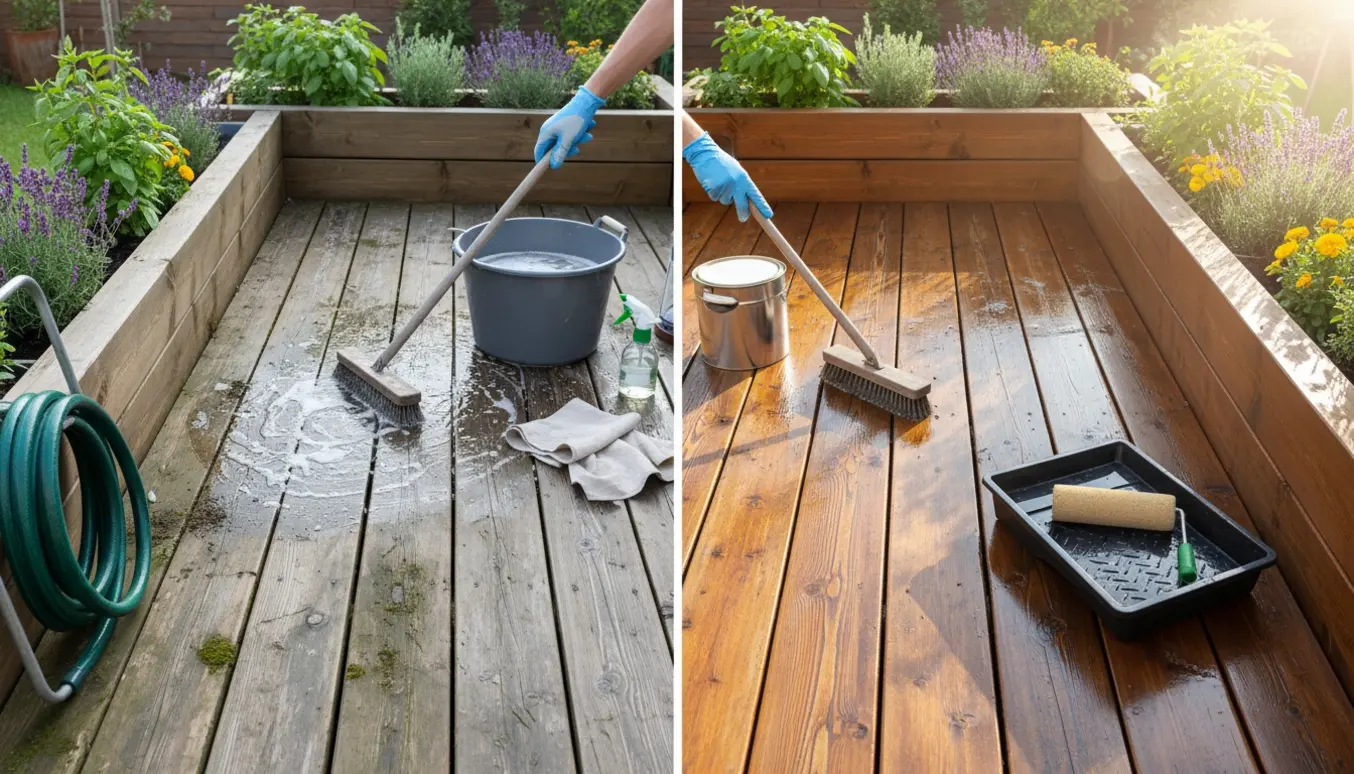 Træterrasse delvist renset og olieret med plantekasser i hver ende og handsker, der arbejder på brædderne.