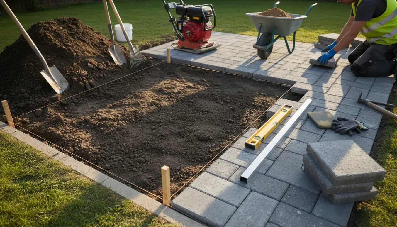 Udgravet baghaveområde med bunke jord, værktøj og delvis lagt terrassefliser.