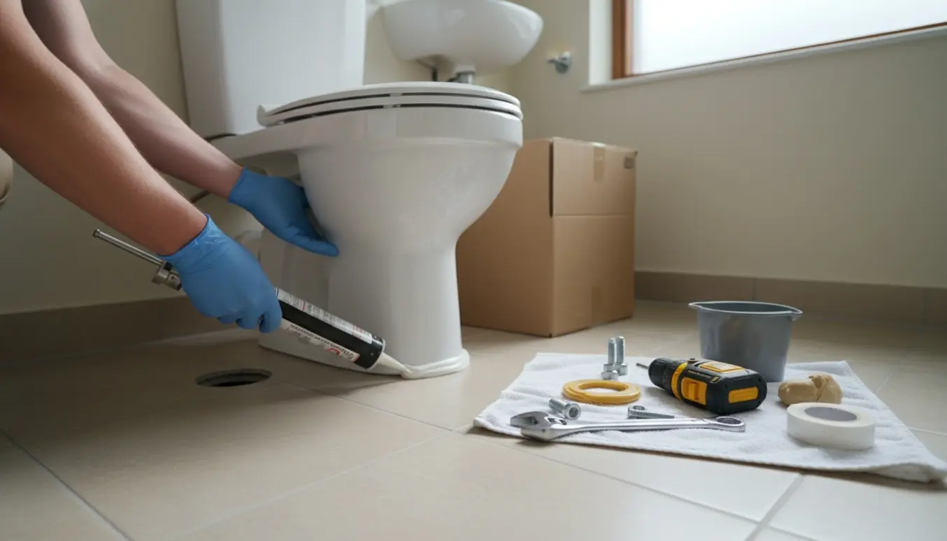 Udskiftning af et gulvstående toilet med nyt hvidt toilet og værktøj ved installationen.