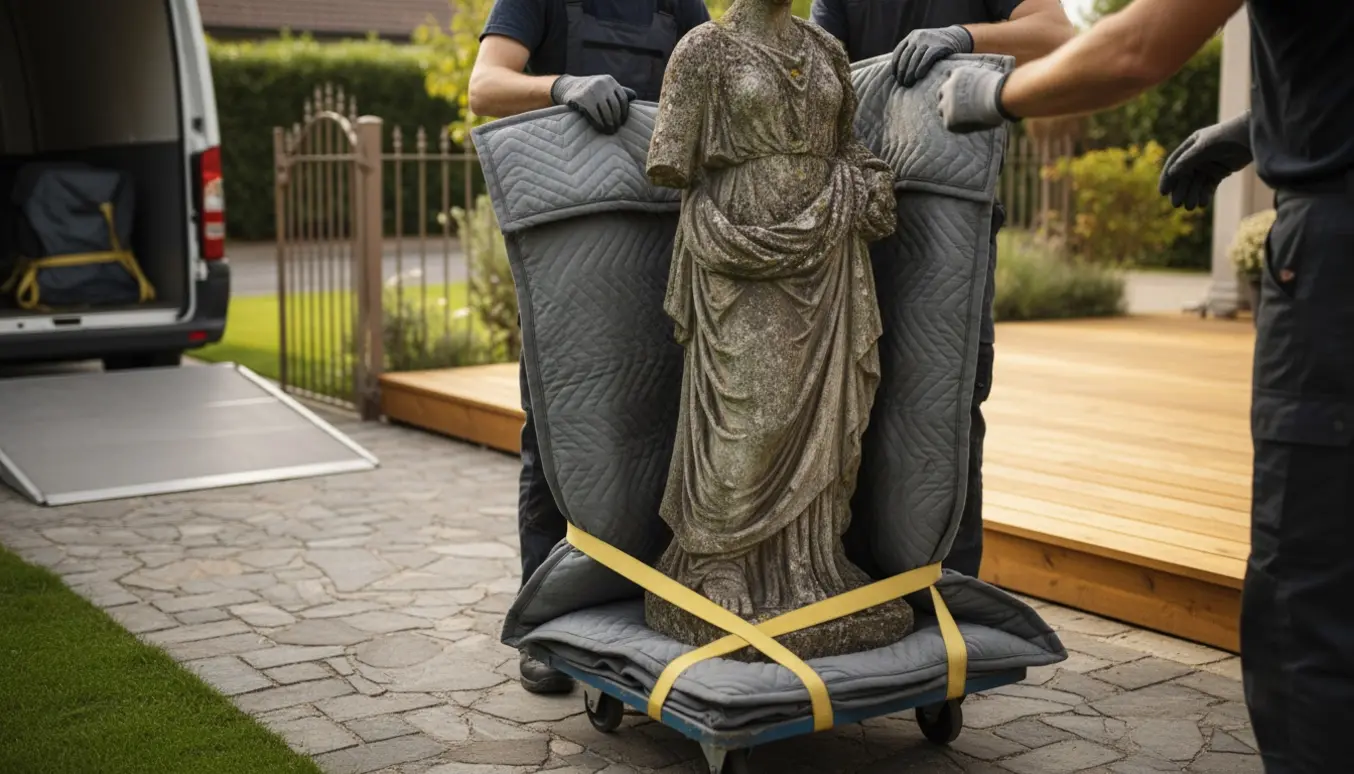 En vejrslidt stenskulptur på en polstret trille, to personer med handsker sikrer den i en forhave før placering på en terrasse.