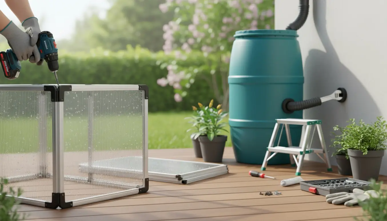 Hænder færdiggør et minidrivhus og tilslutter en regnvejrstønde til nedløbsrøret i en solrig baghave.