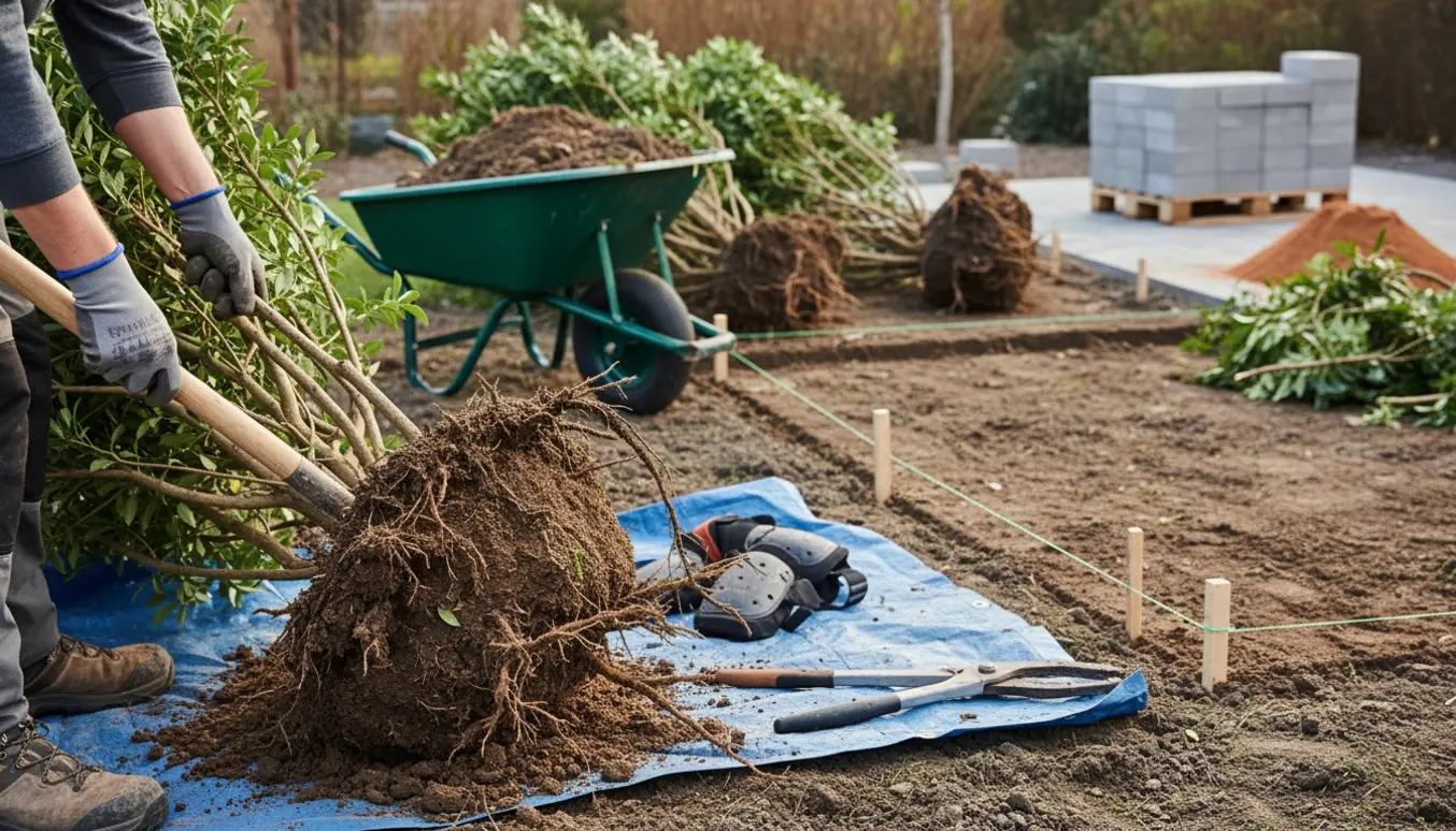 Nærbillede af arbejdshænder, der fjerner en stor busk med rodklump, med bunker af buske og stablede fliser i baggrunden.