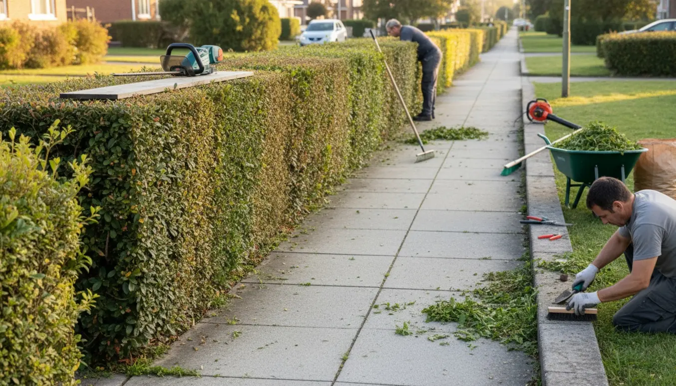 Blandingshæk på en villavej, hvor hækkeklipning og ukrudtsfjerning langs to fortove er i gang.