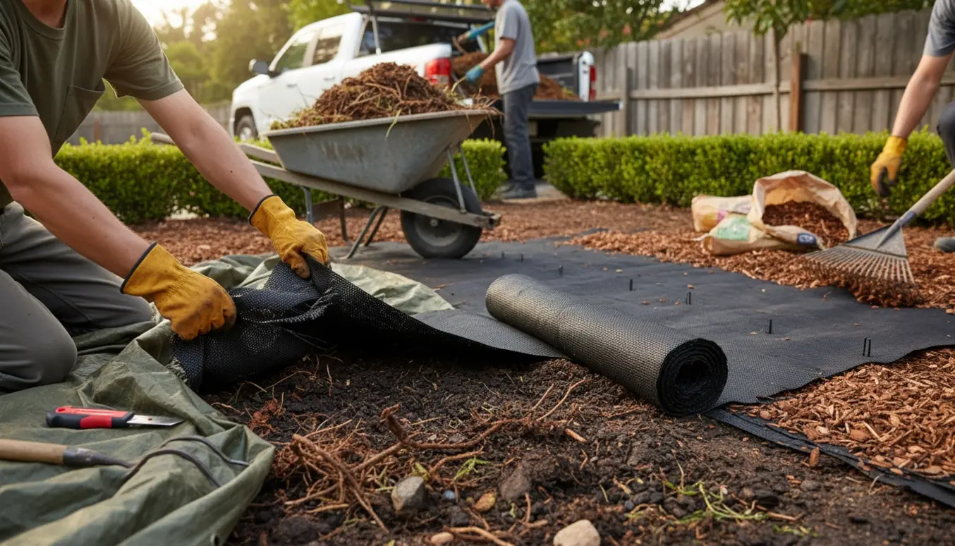 Handskerede hænder fjerner gammel ukrudtsdug og flis i en baghave, klar til ny dug og frisk flis.