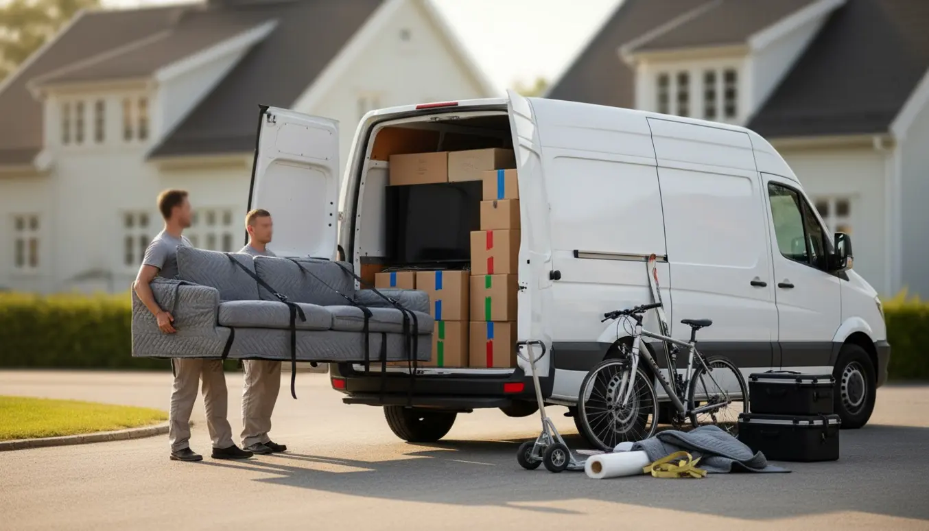 Flyttefolk læsser en stor sofa, flyttekasser, cykel og fladskærm ind i en varevogn på en solrig sommerdag.