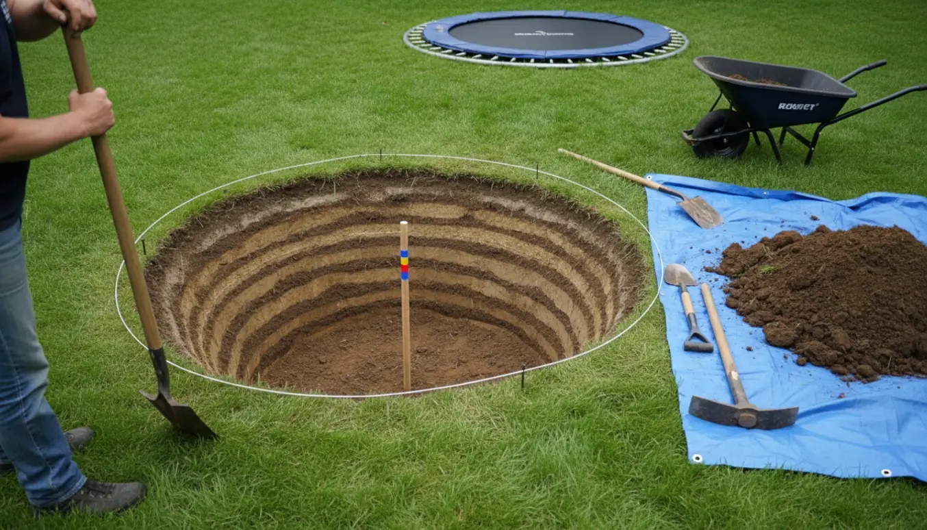 Cirkulær udgravning til indbygget trampolin ø430 i en græsplæne med jord lagt på presenning og værktøj ved siden af.
