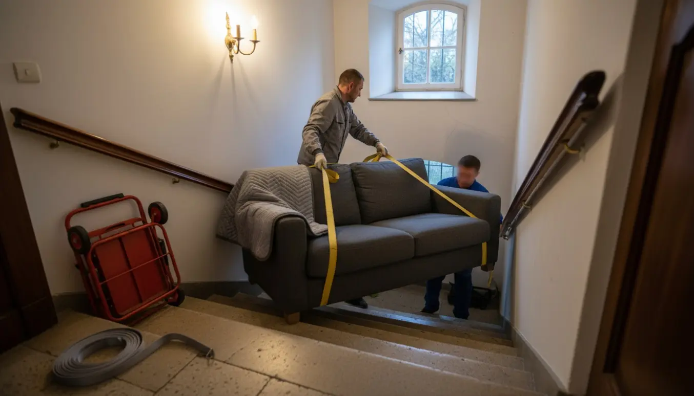 To flyttemænd bærer en to-personers sofa ned ad en smal trappe i en lejlighed om aftenen.