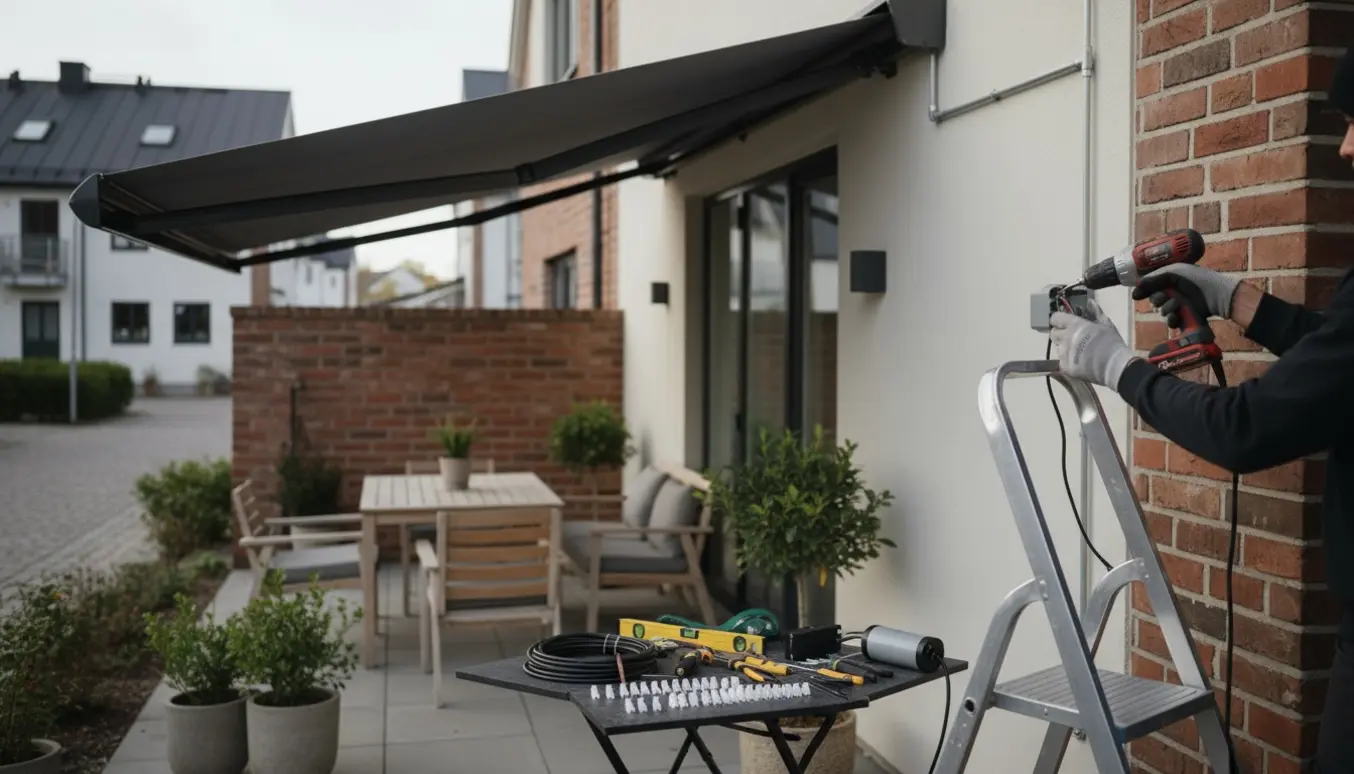 Montering af en motoriseret markise på en skandinavisk bolig med værktøj og en ny eltilslutning.