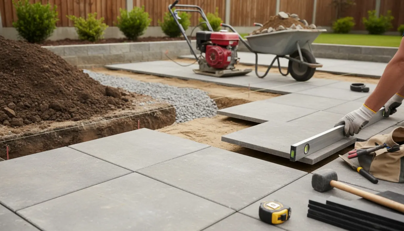 Nærbillede af lægning af 60x60 fliser i en have med udgravet jord, sandlag og værktøj.