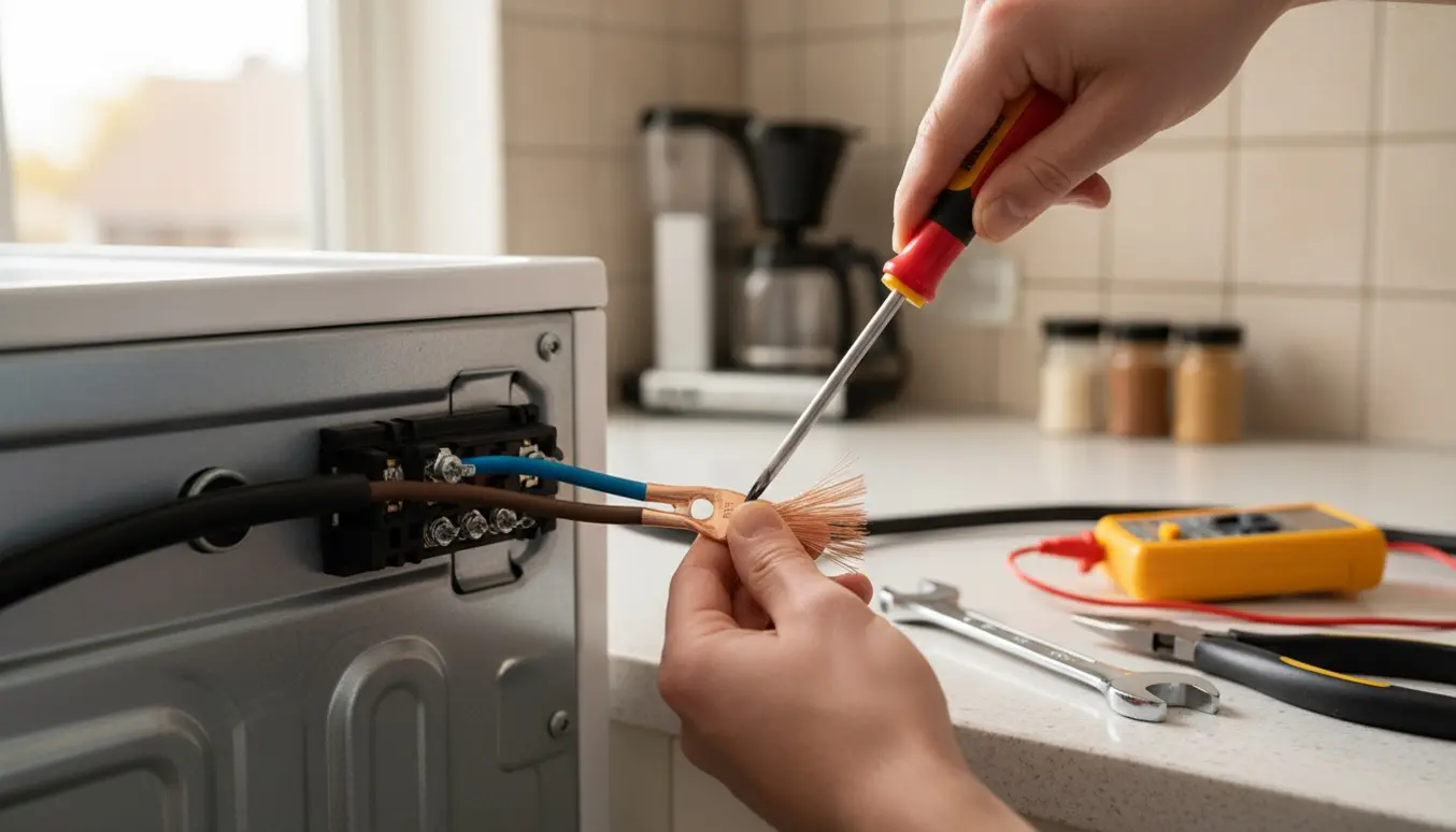 Nærbillede af hænder, der tilslutter en strømledning og fastgør en jordskok bag på et komfur.